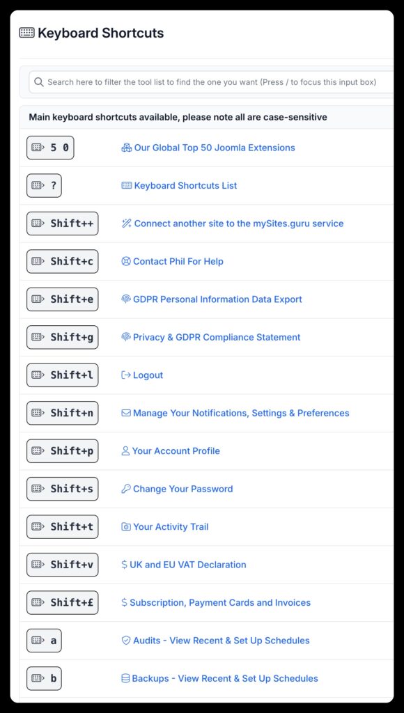 Just some of the long list of keyboard shortcuts in the mySites.guru service