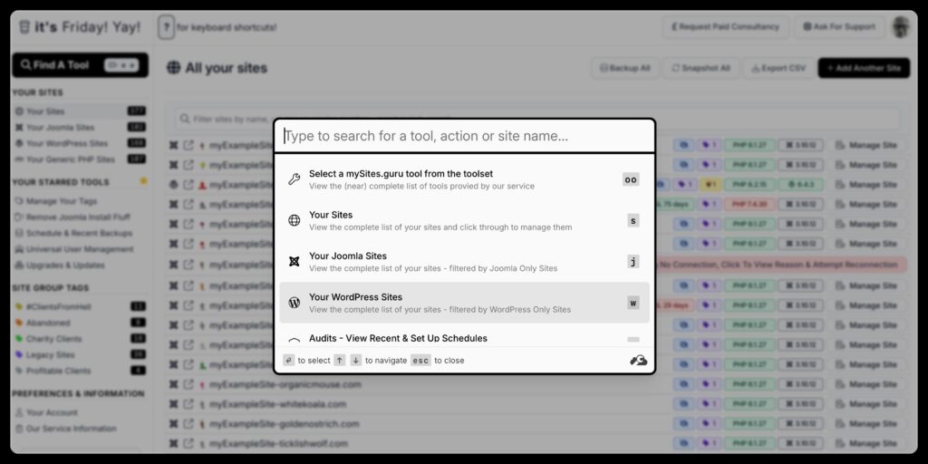 The mySites.guru command palette that can be invoked with cmdk