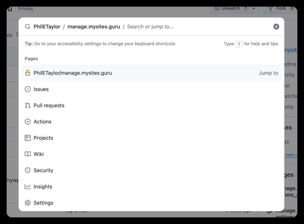 The GitHub command palette