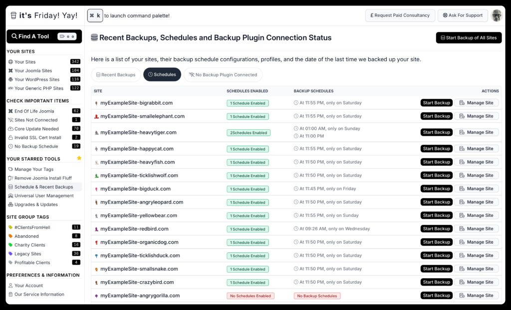 Recent Backups, Schedules and Backup Plugin Connection Status Page in  mySites.guru