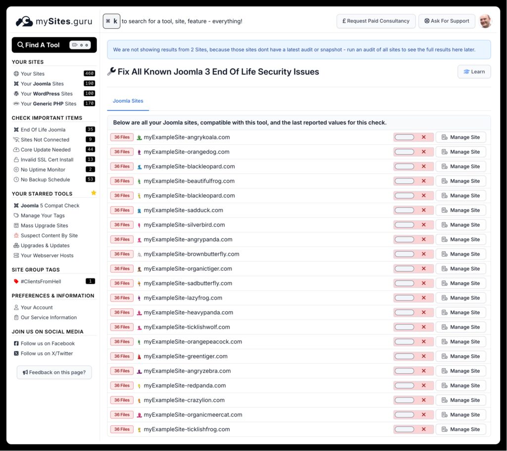 Fix All Known Joomla 3 End Of Life Security Issues overview screen